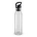 A drink bottle in translucent design with a black lid and spout, featuring a circular base and a logo. A drink bottle in translucent design with a black lid and spout, featuring a circular base and a logo.