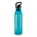 A drink bottle in a translucent turquoise color with a black cap and spout. A drink bottle in a translucent turquoise color with a black cap and spout.
