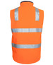 An orange softshell vest featuring reflective strips and a high collar, with a logo on the back. An orange softshell vest featuring reflective strips and a high collar, with a logo on the back.