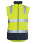A high-visibility softshell vest in fluorescent yellow with navy detailing and reflective stripes, featuring a logo. A high-visibility softshell vest in fluorescent yellow with navy detailing and reflective stripes, featuring a logo.