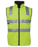 High-visibility yellow reflective vest with silver stripes and a zip front, featuring a logo on the side. High-visibility yellow reflective vest with silver stripes and a zip front, featuring a logo on the side.