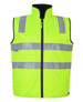 High-visibility vest in bright yellow with reflective stripes and a front zip. Features a zippered collar and pockets. High-visibility vest in bright yellow with reflective stripes and a front zip. Features a zippered collar and pockets.