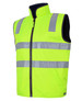 A high-visibility fluorescent yellow vest with reflective strips and a front zipper. It features a collar and pockets. A high-visibility fluorescent yellow vest with reflective strips and a front zipper. It features a collar and pockets.