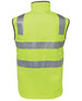 A high-visibility vest in bright yellow with reflective stripes, featuring a collar and a simple design. A high-visibility vest in bright yellow with reflective stripes, featuring a collar and a simple design.