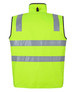 A high visibility vest in fluorescent yellow with two reflective stripes, featuring a collar and a black trim. A high visibility vest in fluorescent yellow with two reflective stripes, featuring a collar and a black trim.