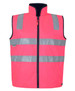 A bright pink vest with reflective stripes and a front zipper. Features a high neck and a branding logo. A bright pink vest with reflective stripes and a front zipper. Features a high neck and a branding logo.