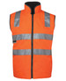 A high-visibility orange vest featuring reflective stripes and a zip closure, suitable for safety wear. A high-visibility orange vest featuring reflective stripes and a zip closure, suitable for safety wear.