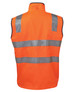 An orange safety vest with silver reflective stripes, featuring a high collar and sleeveless design. An orange safety vest with silver reflective stripes, featuring a high collar and sleeveless design.