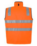 An orange safety vest featuring reflective strips and a high collar. It has a logo on the back. An orange safety vest featuring reflective strips and a high collar. It has a logo on the back.
