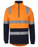 Bright orange and navy fleece sweater with reflective strips and a half zip. Features a logo on the sleeve.