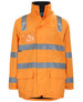 An orange work jacket with reflective stripes and a front pocket, featuring a logo. Zipper and zip-off sleeves included.
