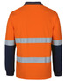 An orange long-sleeve polo shirt featuring navy blue sleeves and reflective stripes. It has a logo on the front.