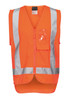 An orange work vest featuring silver reflective stripes and a front pocket, designed for visibility and safety. An orange work vest featuring silver reflective stripes and a front pocket, designed for visibility and safety.