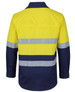 A long-sleeve fishing shirt in bright yellow and navy blue, featuring reflective stripes and a logo.