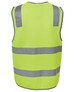A high-visibility safety vest in bright yellow with reflective grey stripes and a logo. A high-visibility safety vest in bright yellow with reflective grey stripes and a logo.