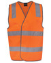 An orange safety vest with reflective silver stripes and a logo. Designed for visibility and safety. An orange safety vest with reflective silver stripes and a logo. Designed for visibility and safety.