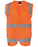 An orange safety vest with reflective silver stripes and a front pocket, featuring a zip closure and no sleeves. An orange safety vest with reflective silver stripes and a front pocket, featuring a zip closure and no sleeves.