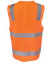 An orange safety vest featuring reflective grey stripes and a logo on the back. An orange safety vest featuring reflective grey stripes and a logo on the back.