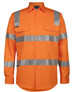 An orange long-sleeve work shirt with silver reflective strips and two front pockets, featuring a logo.