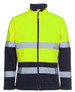 A high-visibility jacket in bright yellow and navy, featuring reflective stripes and a zippered front.
