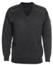 A dark grey knitted jumper with a V-neck, featuring shoulder epaulettes and a sleeve pocket. It has a logo.