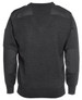 A dark grey knitted jumper featuring leather accents on the shoulders and elbow patches, with a back view.