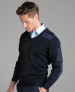 A navy knitted jumper with a V-neck and shoulder epaulettes, featuring a subtle design detail.