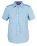 A short-sleeved, button-up shirt in light blue with epaulettes and two chest pockets. It features a logo.