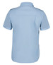 A light blue short-sleeve button-up shirt with shoulder epaulettes and a back pocket. It features a logo.