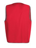 A red work vest with grey accents and a logo on the back, designed for professional use.
