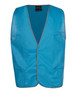 A blue tricot vest featuring a simple open design and a logo at the neck. It has multiple pockets.