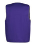 A purple work vest with grey trim, featuring a logo on the back.