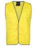A bright yellow tricot vest with grey trim, featuring multiple pockets and a logo tag on the neckline.