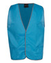A blue tricot vest with a contrasting trim and a pocket, featuring a branding logo. Suitable for workwear use.