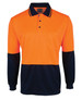 An orange and navy long-sleeve polo shirt with a pocket and logo.