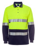A long-sleeve work polo shirt in fluorescent yellow and navy, featuring reflective stripes and a logo.