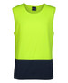 A sleeveless work singlet in lime with a navy blue bottom section, featuring a brand logo.
