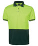 A high-visibility polo shirt featuring a bright yellow-green upper half and a dark green lower half, with a logo.