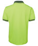 A bright green polo shirt with a contrasting collar, featuring a logo on the back.