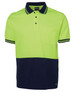 A polo shirt featuring a bright yellow-green upper section and a navy blue lower section, with a pocket and a logo.