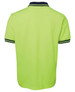 A bright green polo shirt with a navy collar and striped detailing. The shirt has a branding logo.