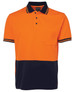 An orange and navy polo shirt with a pocket and a logo. Features contrasting stripes on the collar and sleeves.