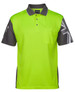 A bright yellow and grey work polo shirt with a pocket and a logo on the sleeve.