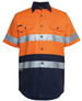 An orange and navy short-sleeve work shirt with reflective stripes and a logo. It features two chest pockets and a collar.