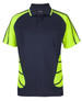 A navy blue and high-visibility lime green polo shirt with short sleeves and a pocket, featuring a logo.