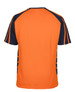 A work t-shirt featuring an orange body with navy blue sleeves and side details. It includes a logo on the back.