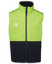 A high-visibility work vest in bright lime green and navy, featuring a zippered front and a small pocket. A high-visibility work vest in bright lime green and navy, featuring a zippered front and a small pocket.