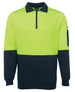 A high visibility fleece pullover in bright yellow and navy, featuring a half zip and a sleeve pocket with a logo.