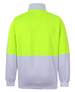 A high-visibility fleece jumper in bright yellow and grey, featuring a collar and long sleeves, with a logo on the side.