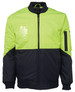 A hi-vis flying jacket in bright yellow and navy, featuring a zip front and multiple pockets. It has a logo branding.
